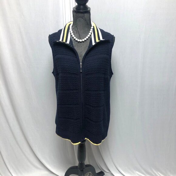 CJ Banks Sweater Vest Womens Size 14W Navy White Yellow Sleeveless Zippered NEW - Picture 1 of 6